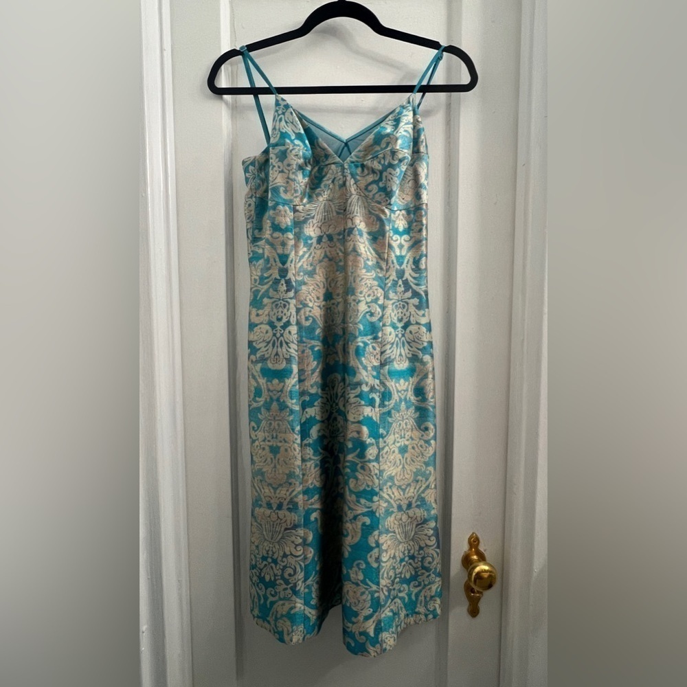 Tracy Reese Silk Teal Blue and Gold Dress Size S 4 6 with Built in Bra